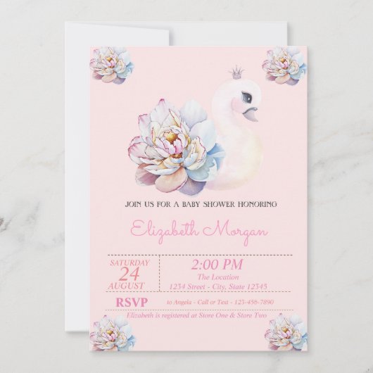 Kleine prinses, Zwan, Flowers Roze Baby shower Kaart (Voorkant)