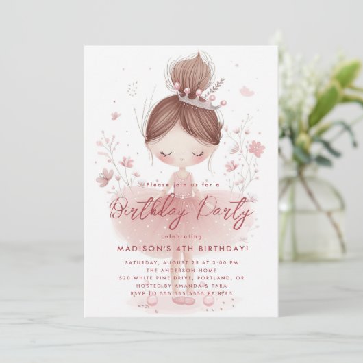 Kleine Prinsessen Ballerina Roze Verjaardagsfeest Kaart (Staand voorkant)