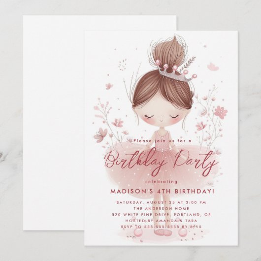 Kleine Prinsessen Ballerina Roze Verjaardagsfeest Kaart (Voorkant / Achterkant)