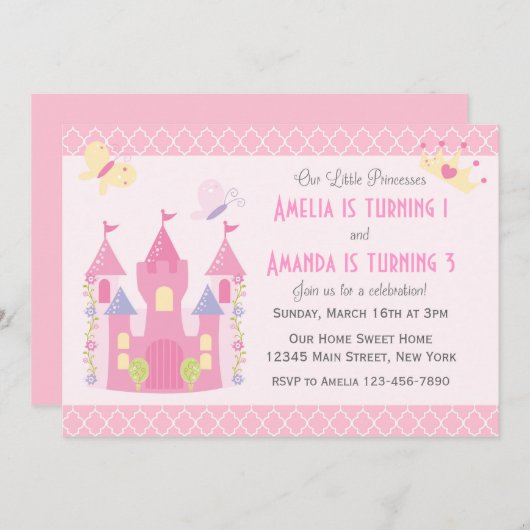 Kleine Prinsessen Verjaardagsfeestje Uitnodiging ( (Voorkant / Achterkant)