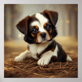 Kleine puppy donkerbruin en wit poster