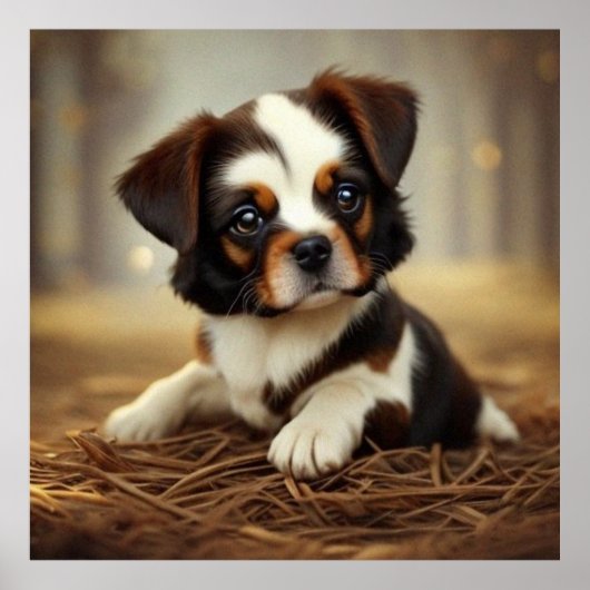 Kleine puppy donkerbruin en wit poster (Voorkant)