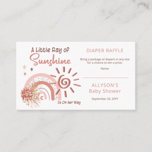 Kleine Ray van Sunshine Baby shower Diaper Raffle Informatiekaartje (Voorkant)