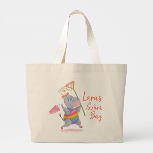Kleine regenbooghippo die naar het strand loopt grote tote bag (Achterkant)