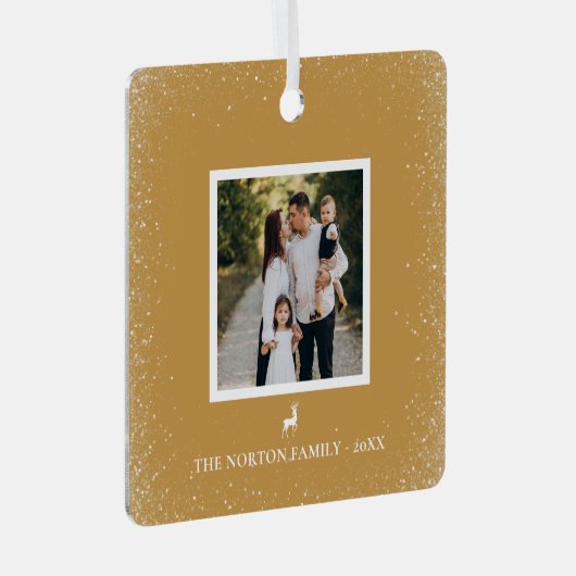 Kleine Rendier Eenvoudige Sneeuwvlokken foto Ocher Metalen Ornament (Voorkant Rechts)