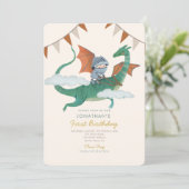 Kleine ridder met Dragon Eerste Verjaardag Kaart (Staand voorkant)