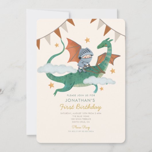 Kleine ridder met Dragon Eerste Verjaardag Kaart (Voorkant)