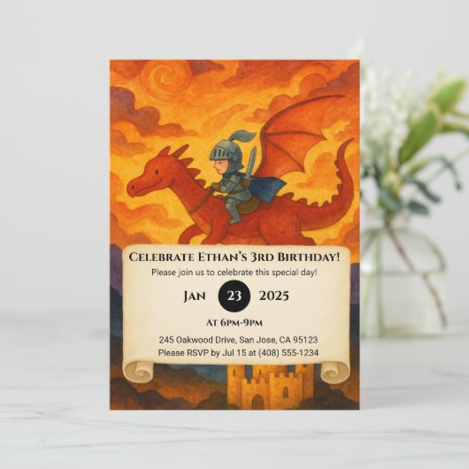 Kleine Ridder Rijden op een Rode Draak Verjaardag Kaart (Staand voorkant)