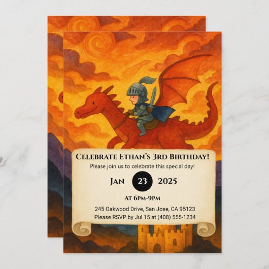 Kleine Ridder Rijden op een Rode Draak Verjaardag Kaart (Voorkant / Achterkant)