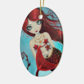 Kleine Robijnrode Zeemeermin Fantasy Kunst Keramisch Ornament (Links)