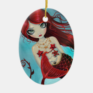 Kleine Robijnrode Zeemeermin Fantasy Kunst Keramisch Ornament