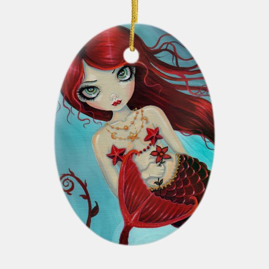 Kleine Robijnrode Zeemeermin Fantasy Kunst Keramisch Ornament (Voorkant)