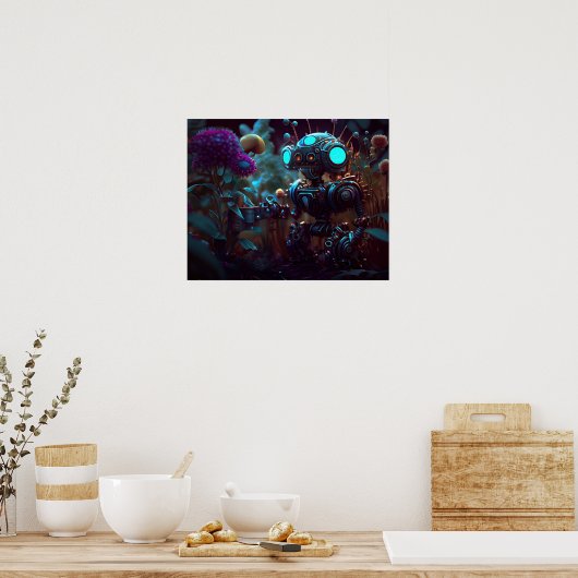 Kleine Robot in Tuin Poster (Keuken)