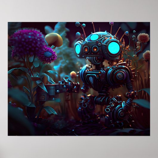 Kleine Robot in Tuin Poster (Voorkant)