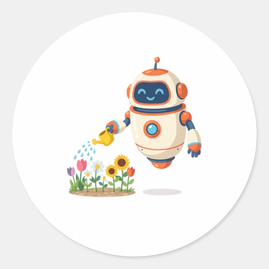 Kleine Robot Tuinman Ronde Sticker (Voorkant)