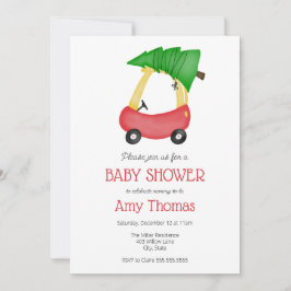 Kleine rode auto met kerstboom Baby shower Kaart