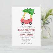 Kleine rode auto met kerstboom Baby shower Kaart (Staand voorkant)
