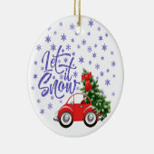 Kleine rode auto met kerstboom keramisch ornament (Rechts)