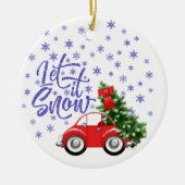 Kleine rode auto met kerstboom keramisch ornament (Voorkant)