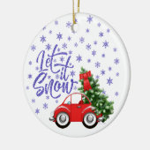 Kleine rode auto met kerstboom keramisch ornament (Links)