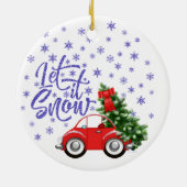 Kleine rode auto met kerstboom keramisch ornament (Achterkant)