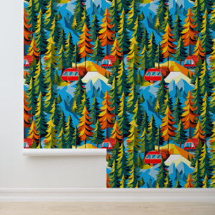 Kleine rode camper in de Bossen Camping Behang