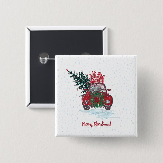 Kleine rode kerstauto vierkante button 5,1 cm (Voorkant /achterkant)