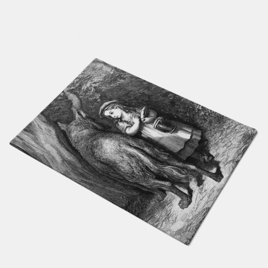 Kleine rode mantel ontmoet oude vader wolf deurmat (Schuin)