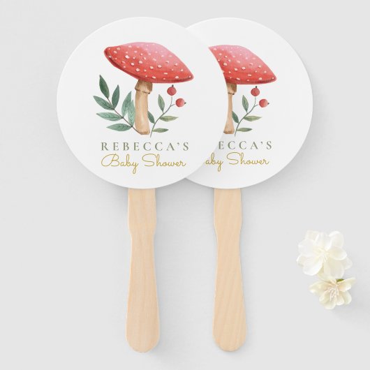 Kleine rode paddenstoel Verjaardag Labels Handje Handwaaier (Voorkant en achterkant)