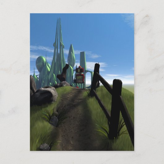 Kleine rode robot die over een Briefkaart loopt (Voorkant)