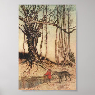  kleine rode sleehout in het bos met wolf poster