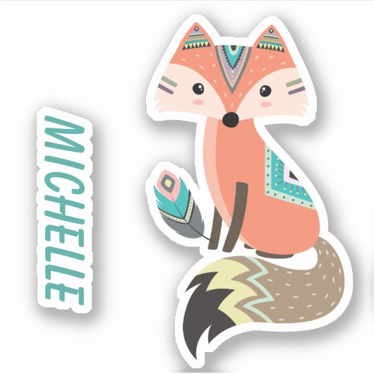 Kleine Rode Tribal Fox met Veer Sticker (Voorkant)