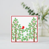 Kleine rode vogel in een kerstboomfeest kaart (Staand voorkant)