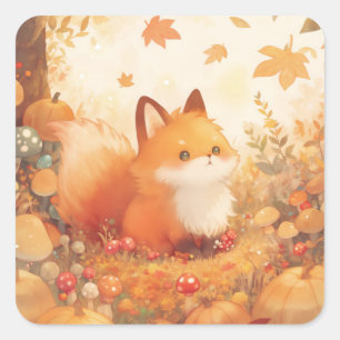 Kleine rode vos in herfstbos met pompoenen vierkante sticker