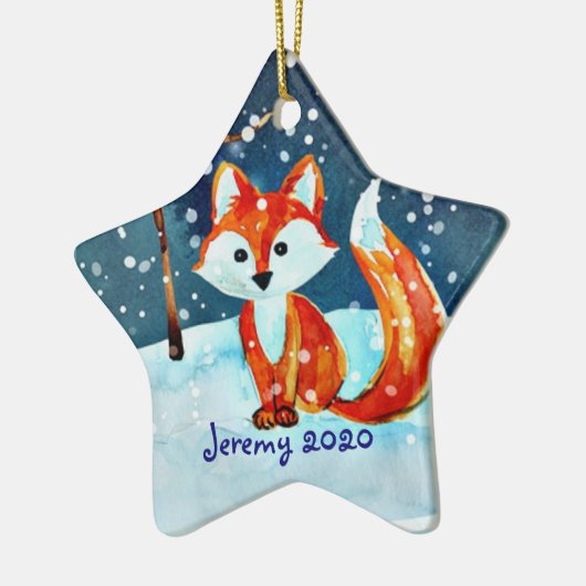 Kleine rode vos in sneeuw keramisch ornament (Links)