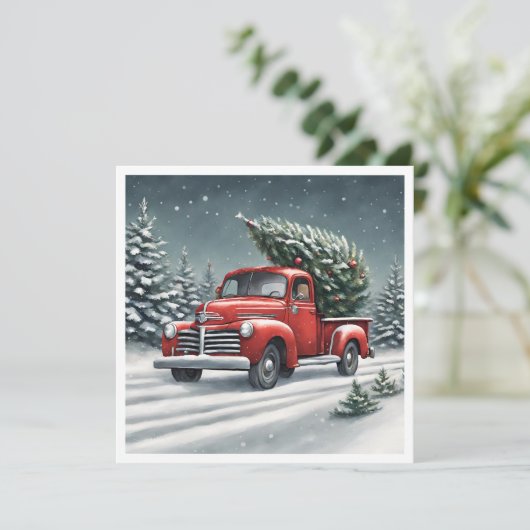 Kleine Rode Vrachtwagen die een Kerstboom sleept Kaart (Staand voorkant)