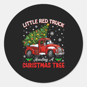 Kleine Rode Vrachtwagen Die Een Kerstboom Trekt Ronde Sticker