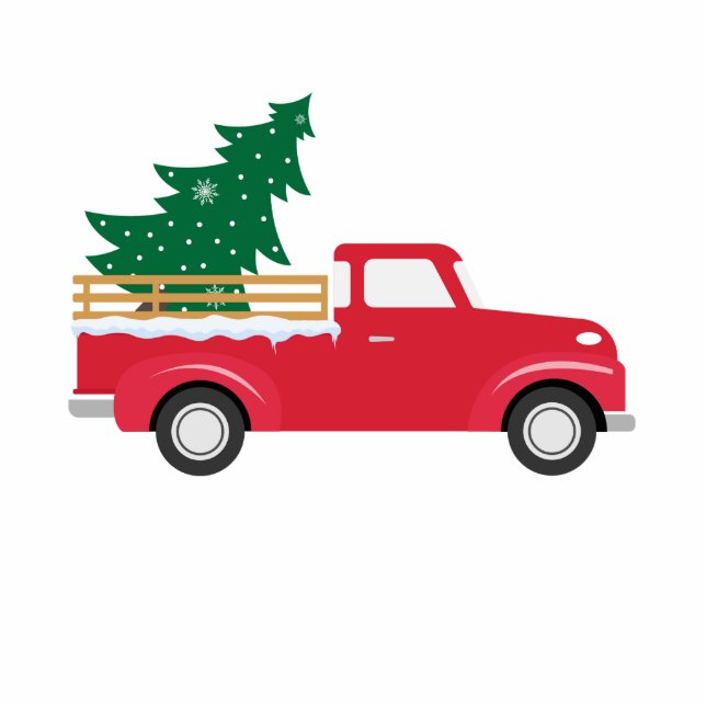Kleine rode vrachtwagen die een kerstboom vervoert fotobeeldje magneet (Voorkant)