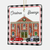 Kleine rode vrachtwagen en gerechtsgebouw Politieb Keramisch Ornament (Links)