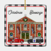 Kleine rode vrachtwagen en gerechtsgebouw Politieb Keramisch Ornament (Achterkant)