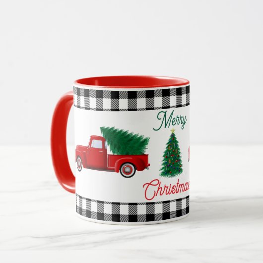 Kleine rode vrachtwagen en kerstboom mok (Voorkant links)