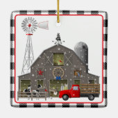 Kleine rode vrachtwagen en oude veehouderij keramisch ornament (Achterkant)