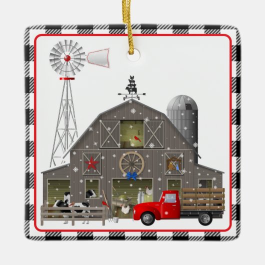 Kleine rode vrachtwagen en oude veehouderij keramisch ornament (Voorkant)