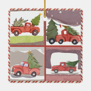 Kleine Rode Vrachtwagen het slepen van een Kerstbo Keramisch Ornament