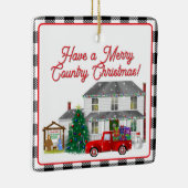 Kleine rode vrachtwagen met Boerderij House Keramisch Ornament (Rechts)