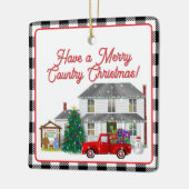 Kleine rode vrachtwagen met Boerderij House Keramisch Ornament (Links)