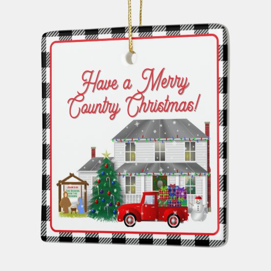 Kleine rode vrachtwagen met Boerderij House Keramisch Ornament (Links)