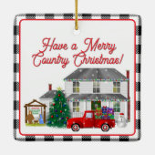 Kleine rode vrachtwagen met Boerderij House Keramisch Ornament (Achterkant)