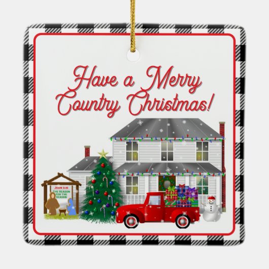 Kleine rode vrachtwagen met Boerderij House Keramisch Ornament (Achterkant)