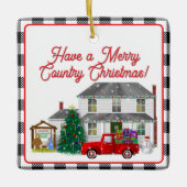 Kleine rode vrachtwagen met Boerderij House Keramisch Ornament (Voorkant)